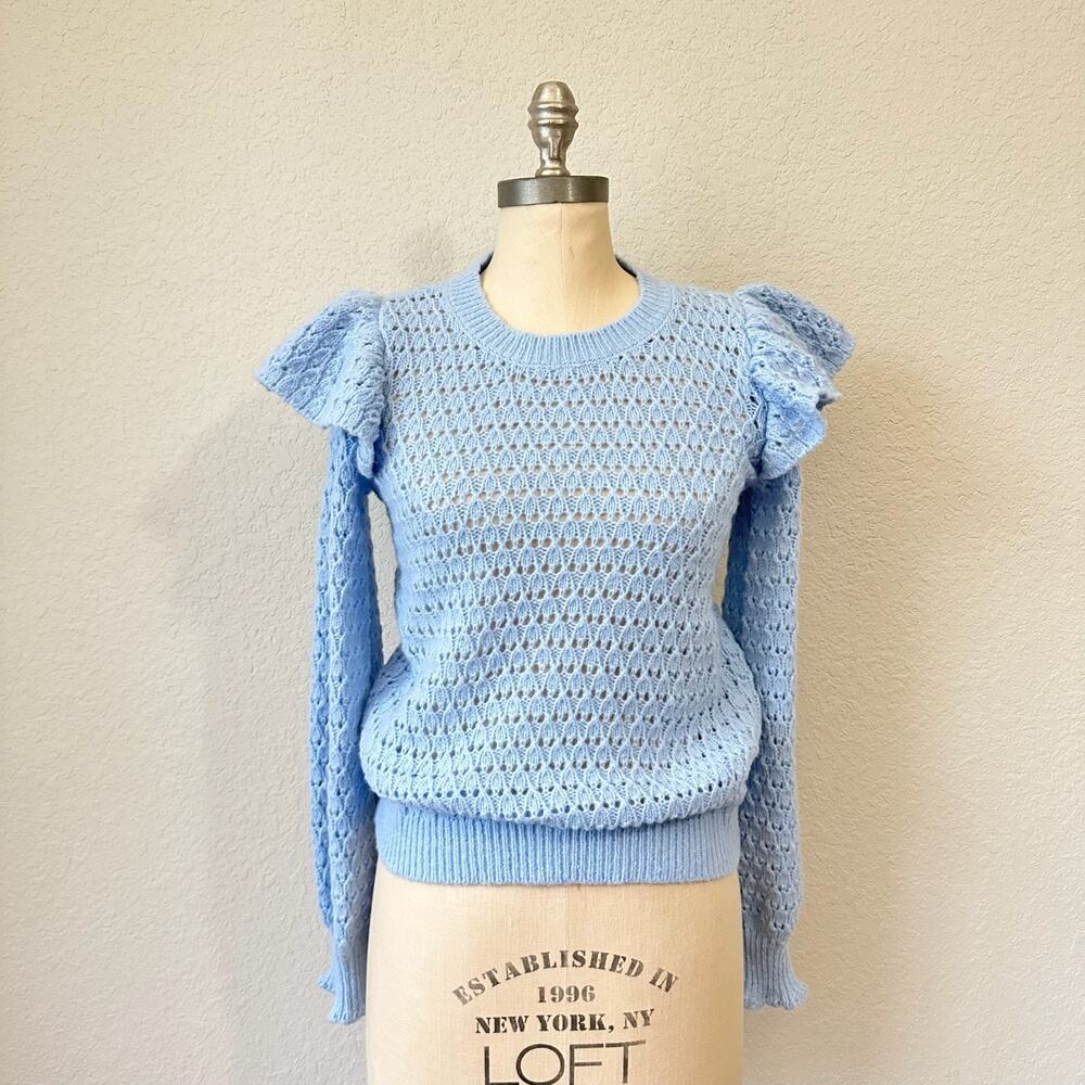 LOFT Sweater Light Blue Pointelle Knit Eyelet Ruffled Pullover NWT